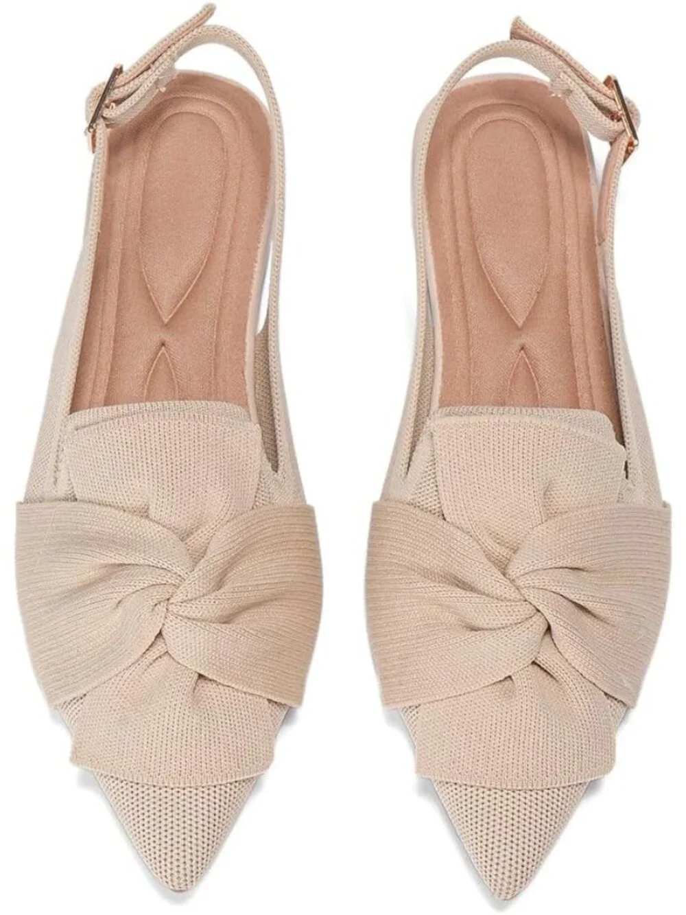 Women's Beige Ankle Strap Comfortable Pointed Toe Slip-On Knit Ballet Flat Shoes